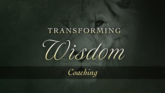 lions face in a green shadow behind the words transforming wisdom coaching