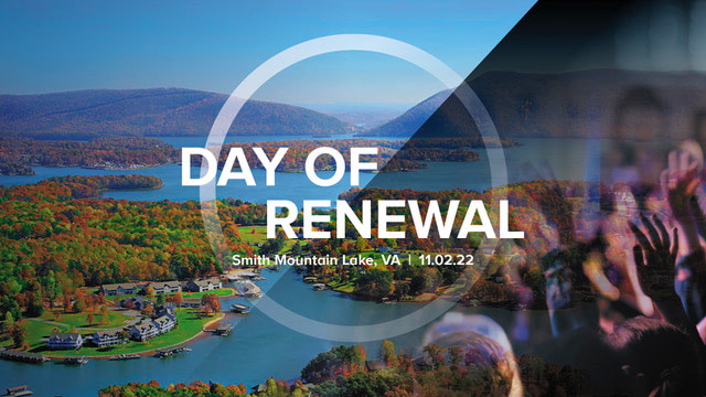 Smith Mt. Lake behind image of people worshipping with Day of Renewal on top