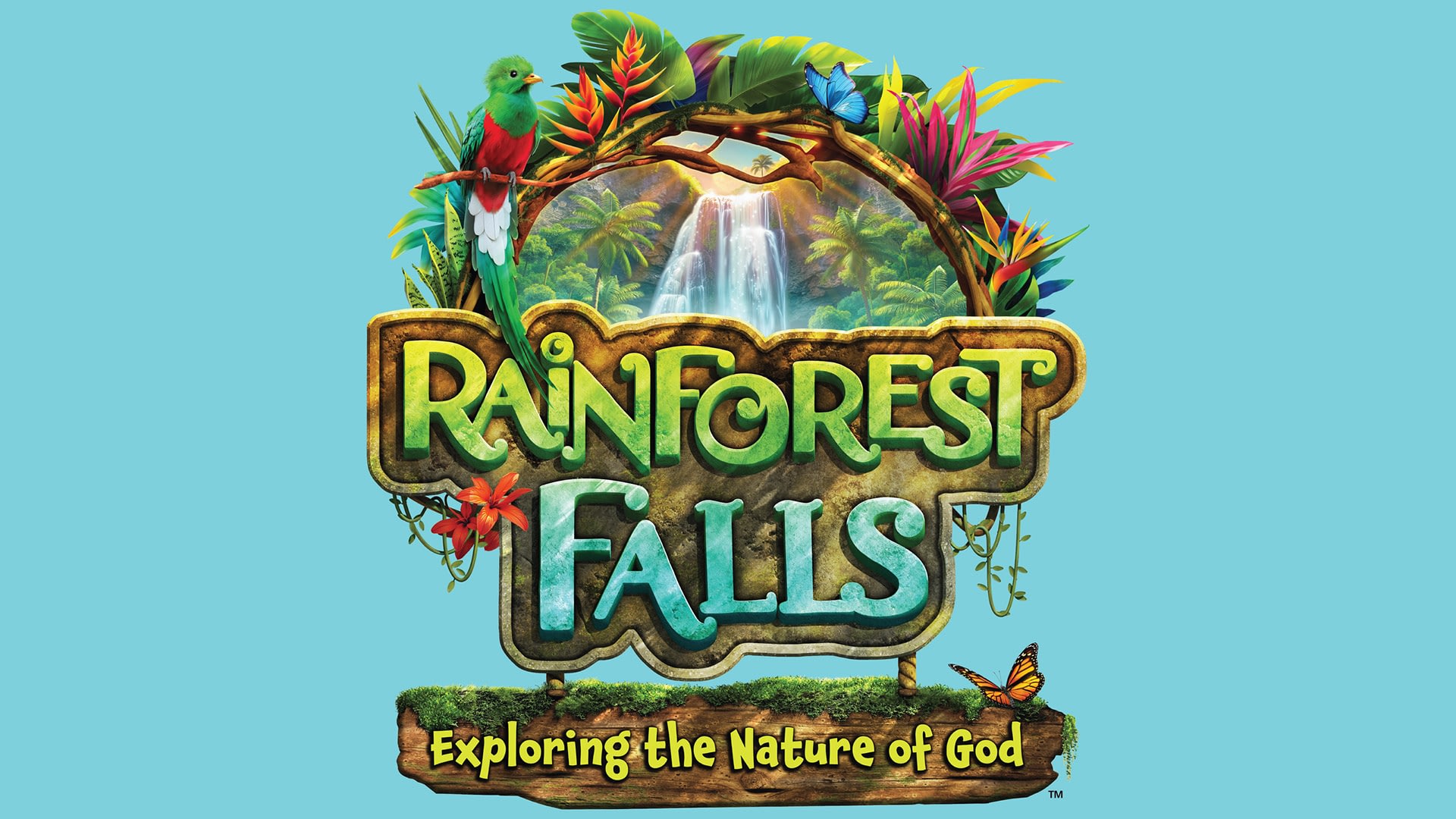 Rainforest Falls logo with waterfall and tropical birds