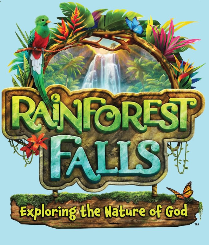 Rainforest Falls logo with waterfall and parrot
