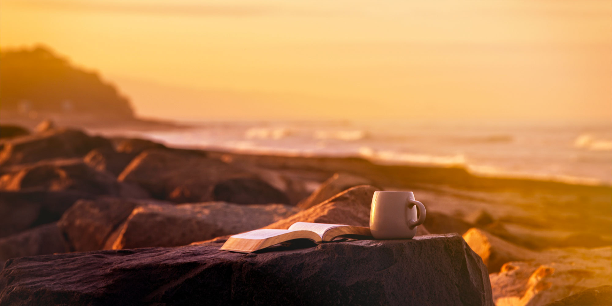 A bible and coffee mug sitting on a rock near the ocean