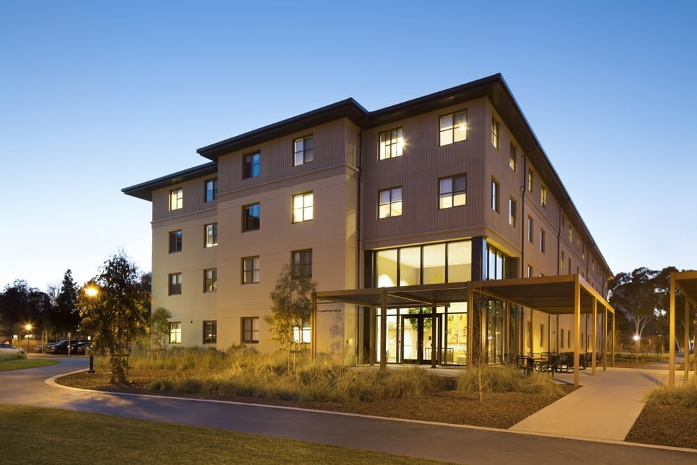 Modern building exterior during sunset