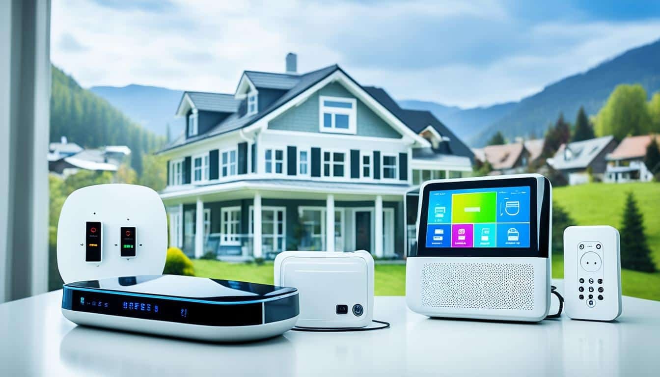 Smart home devices with house in background