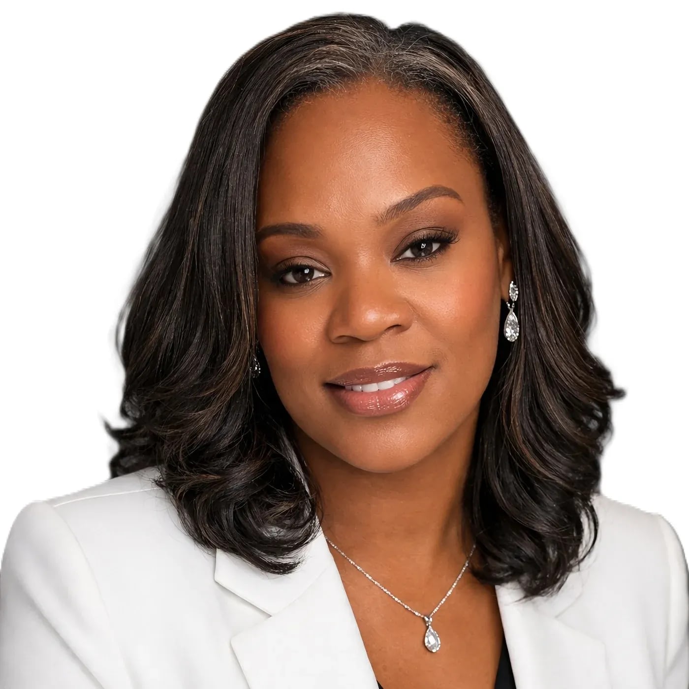 Professional woman smiling in studio headshot
