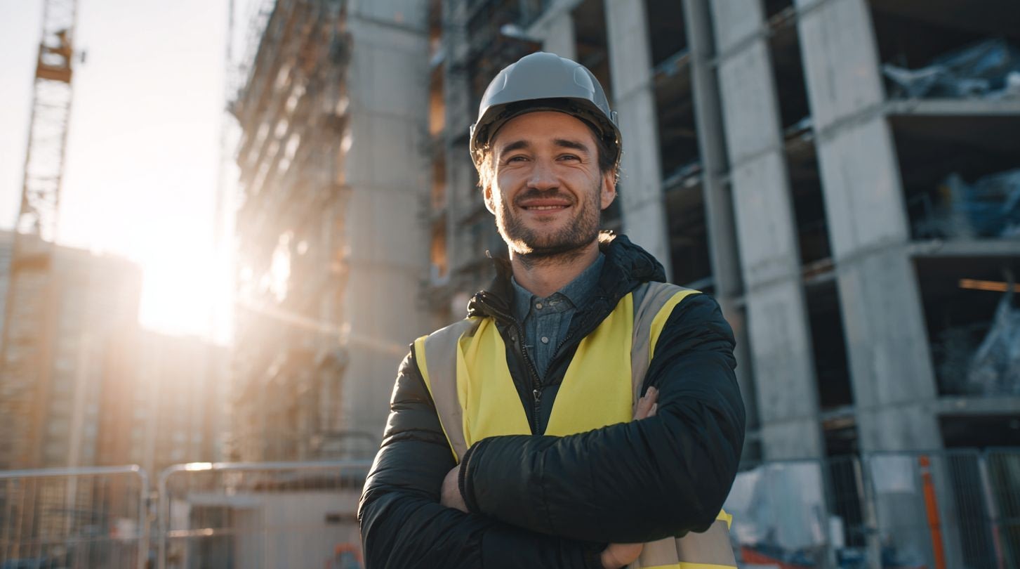 A person on a construction site, wearing a hard hat and high-visibility vest, with arms folded and smiling at the camera.