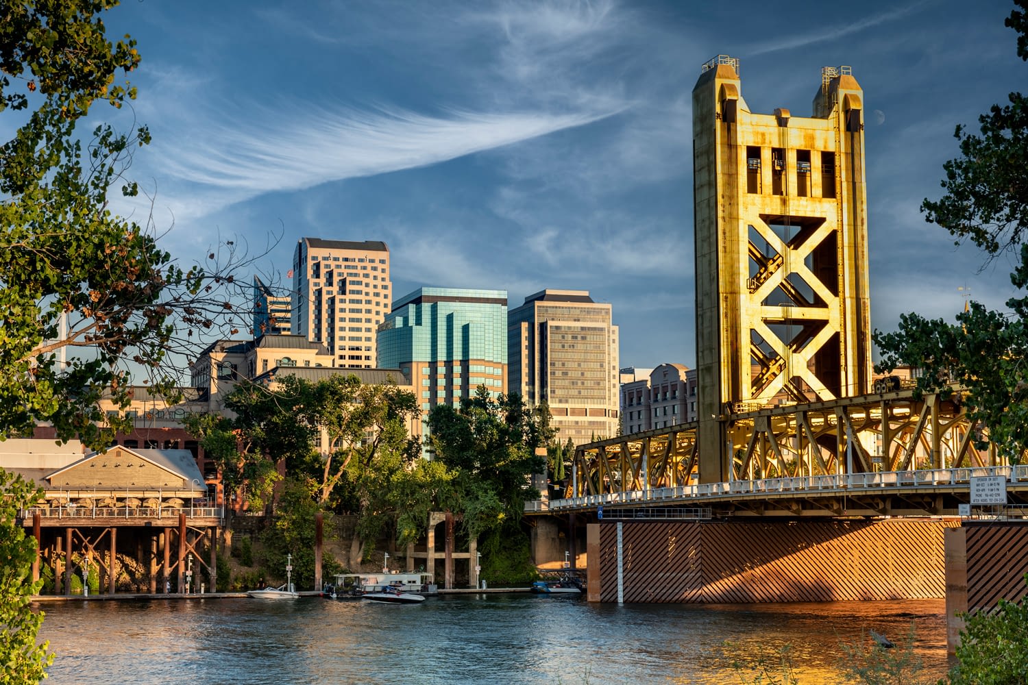 Sacramento Tower Bridge and skyline at sunset