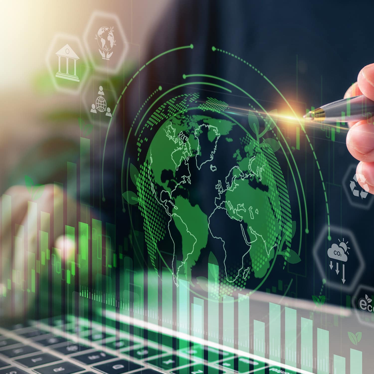 Digital green technology concept with global data analytics.