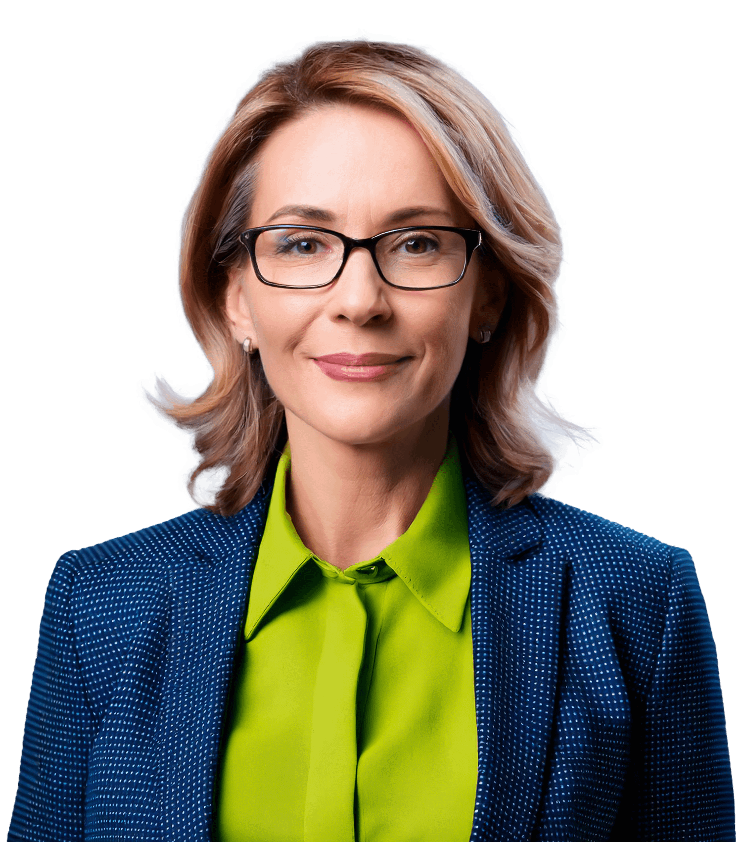 Professional woman with glasses and blond hair smiling.