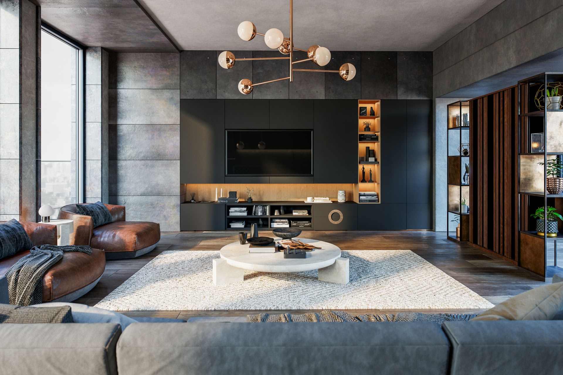 Modern living room with contemporary furniture and decor