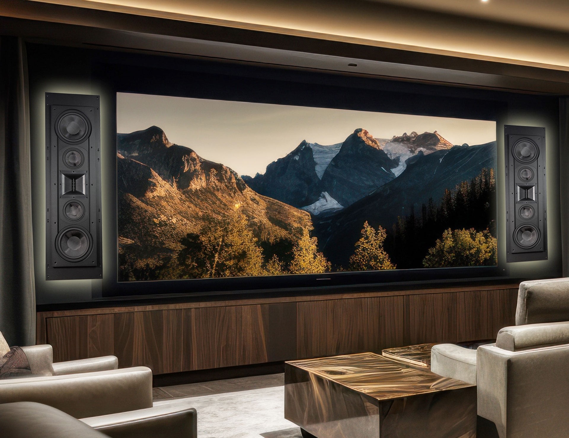Luxury home theater with mountain landscape on screen