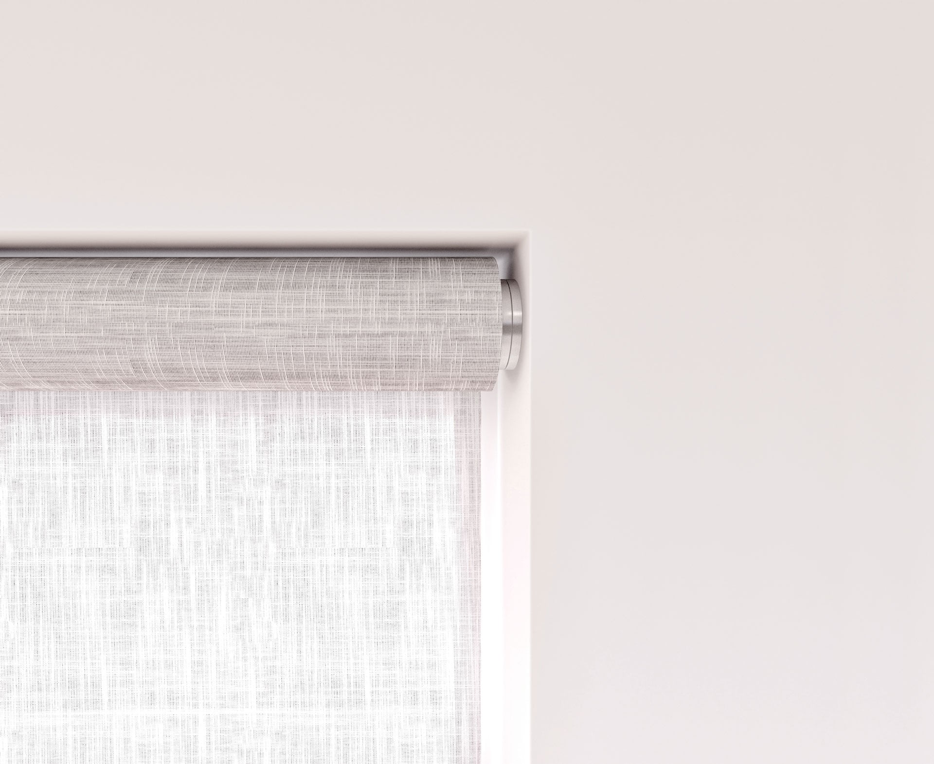 Light gray roller shade on white window frame
