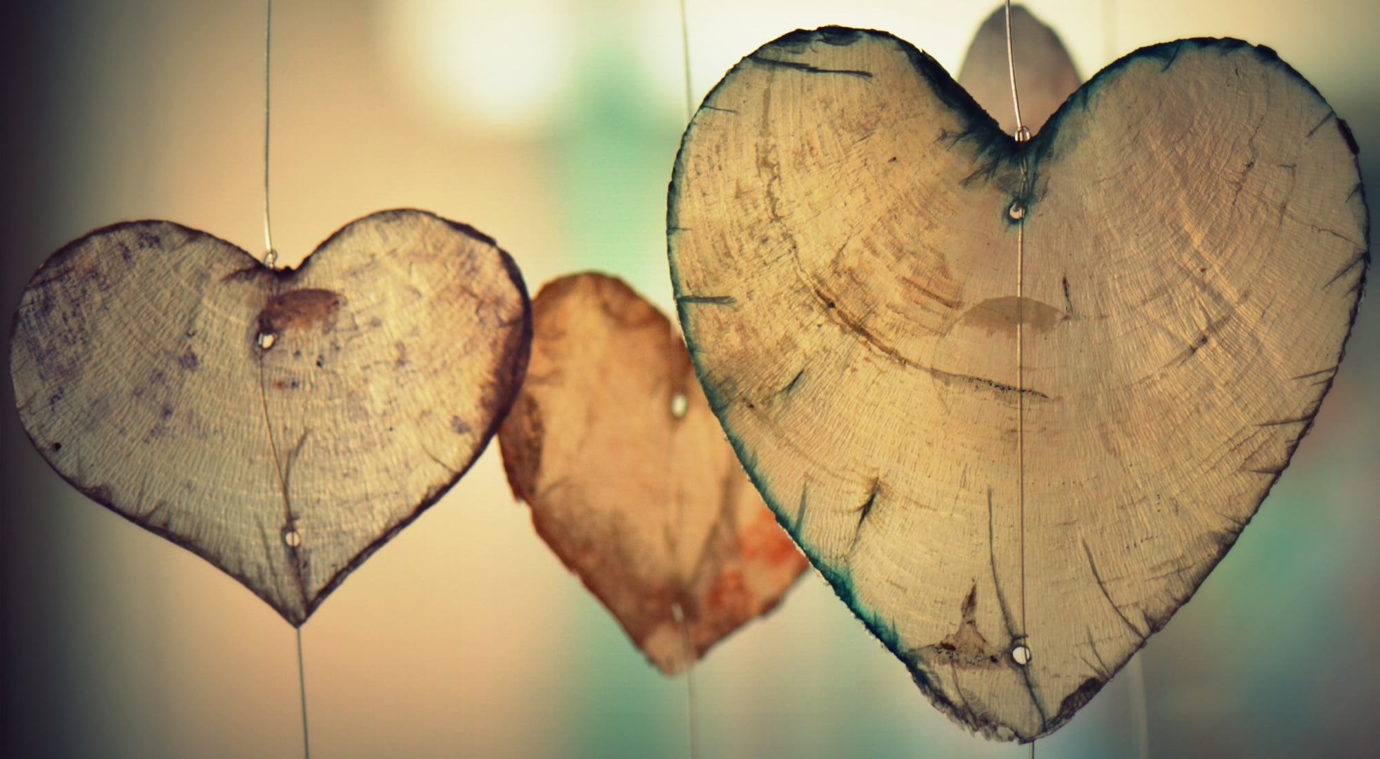 Wooden heart decorations hanging on strings