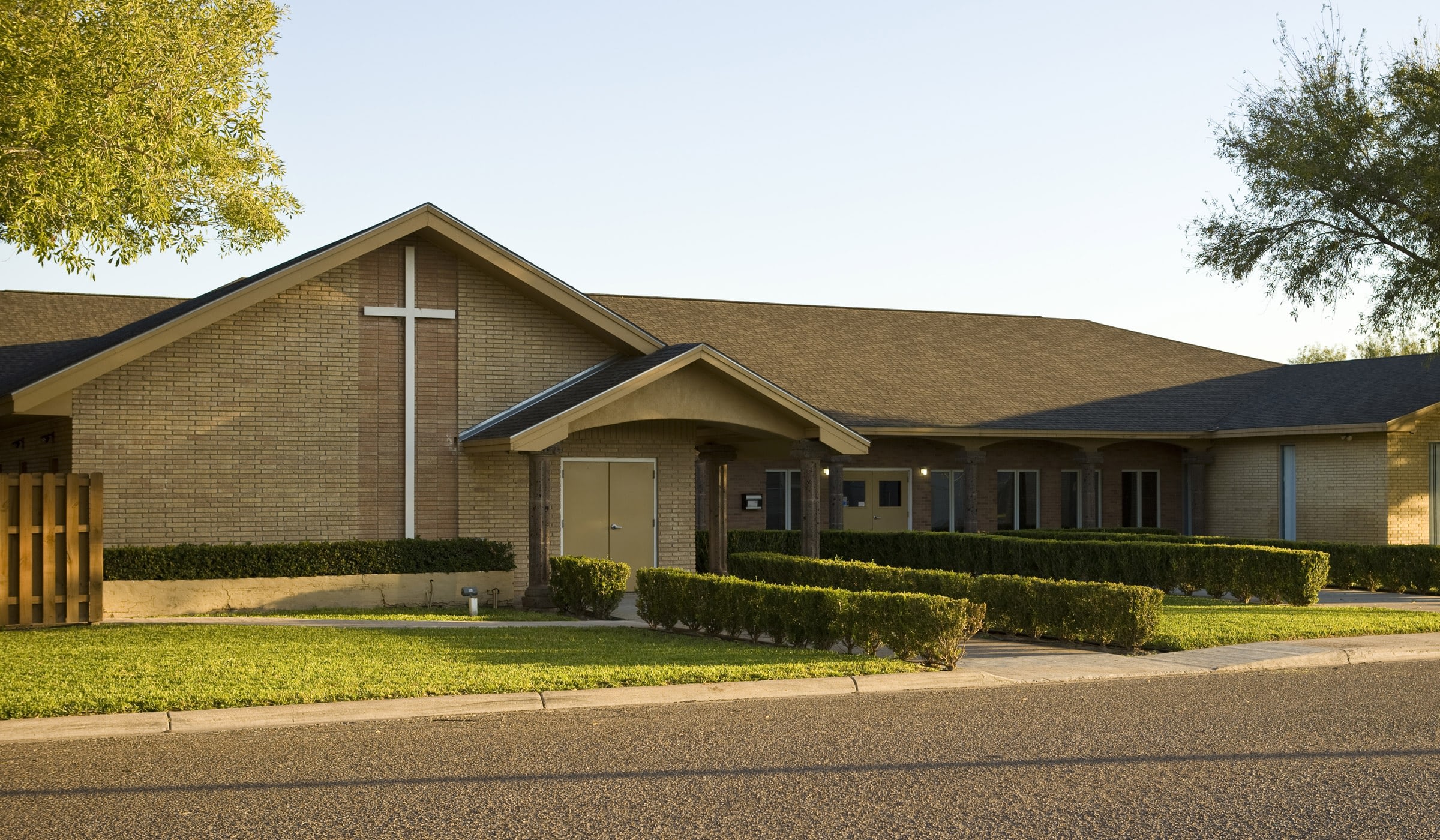 Brick church building.