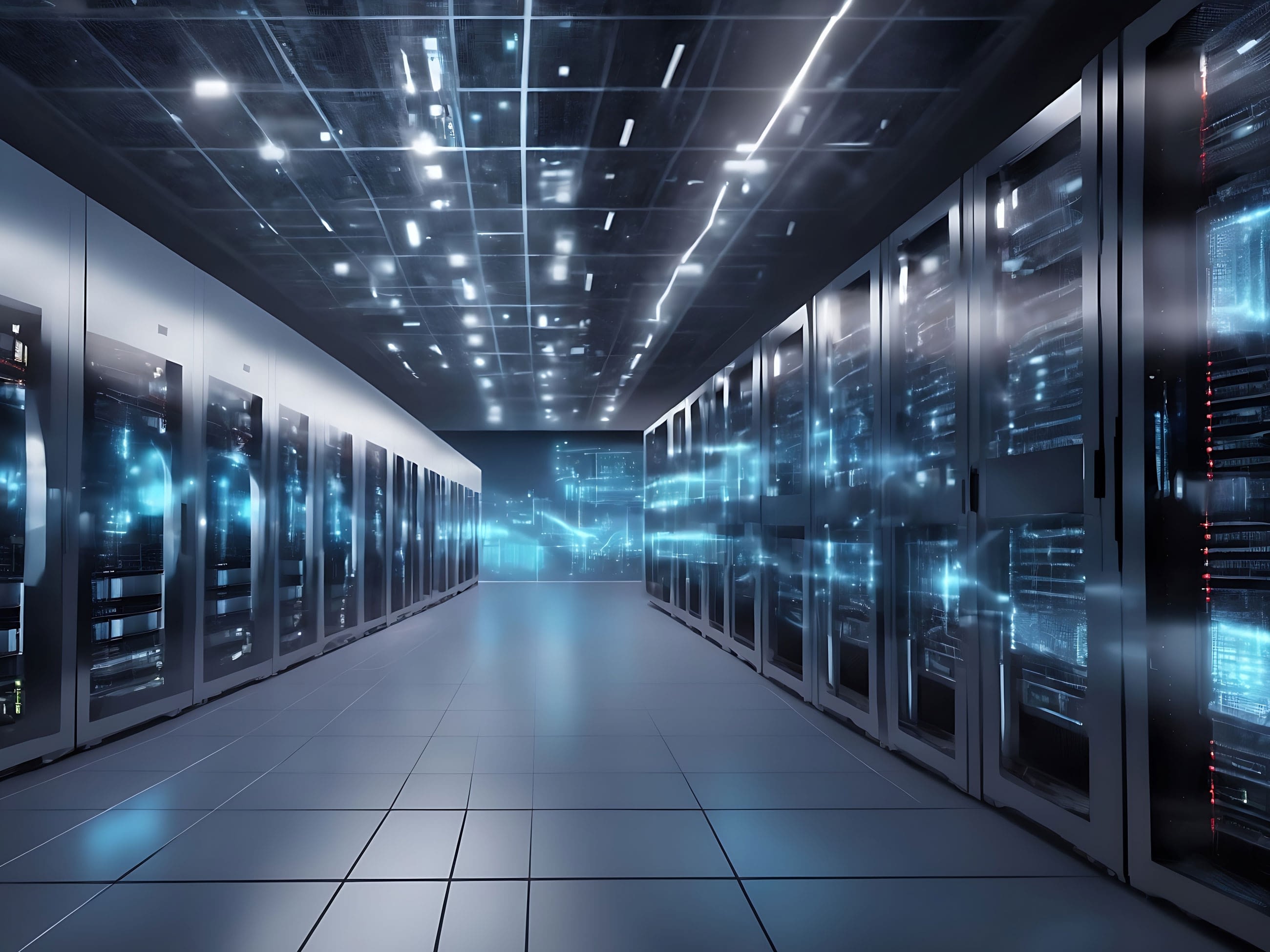 Futuristic data center server racks with blue lights.
