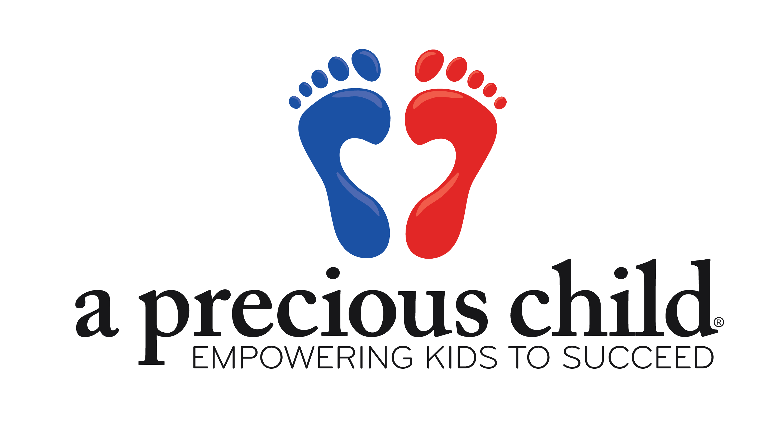 A Precious Child logo with blue and red footprints.