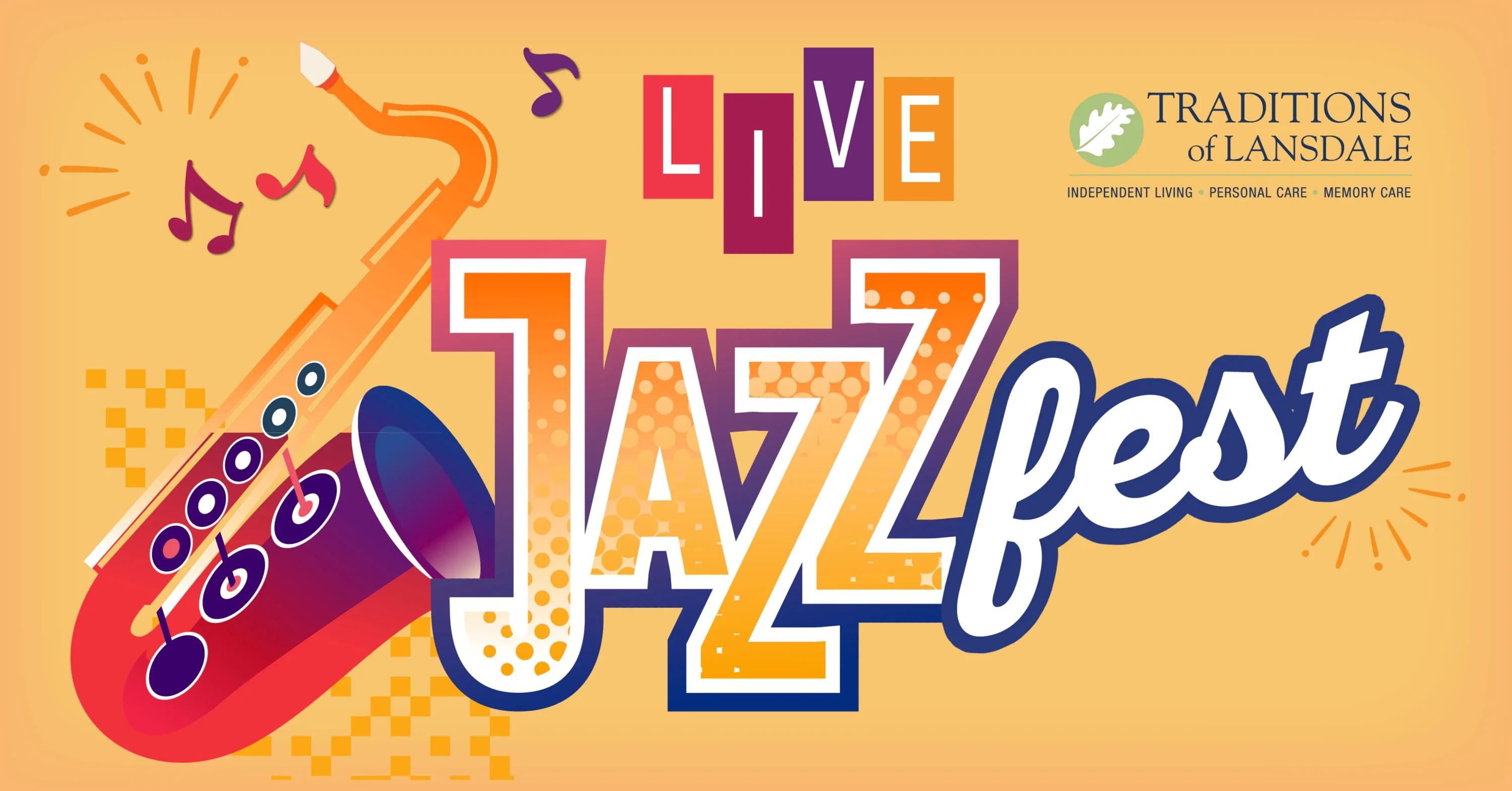 Live Jazzfest graphic with saxophone and bold lettering